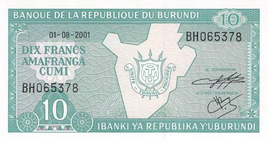 Burundi p33d 10 Francs 2001